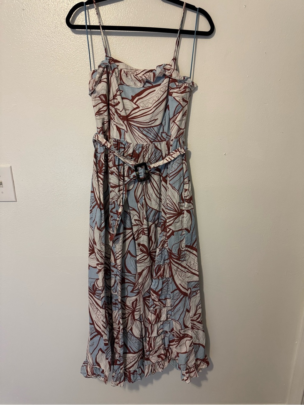 NICHOLAS Light Blue Maxi Dress with Brown Floral Print and Belt